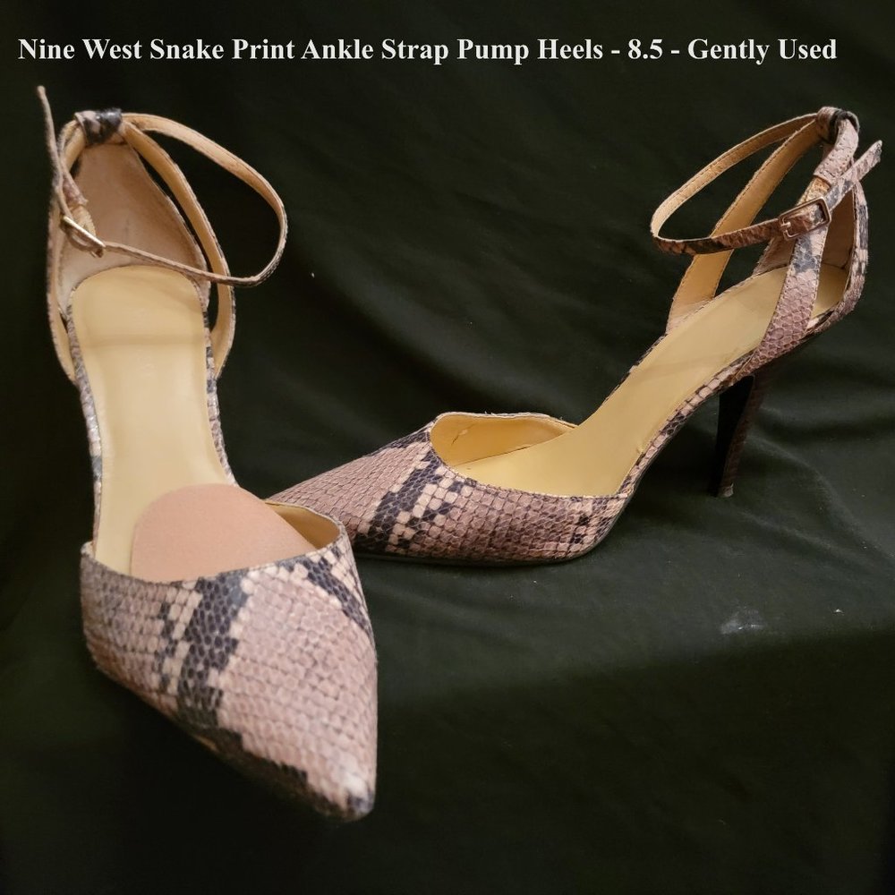 Nine West Snake Print Pointed Toe Ankle Strap 3 inch Heels - Gently Used